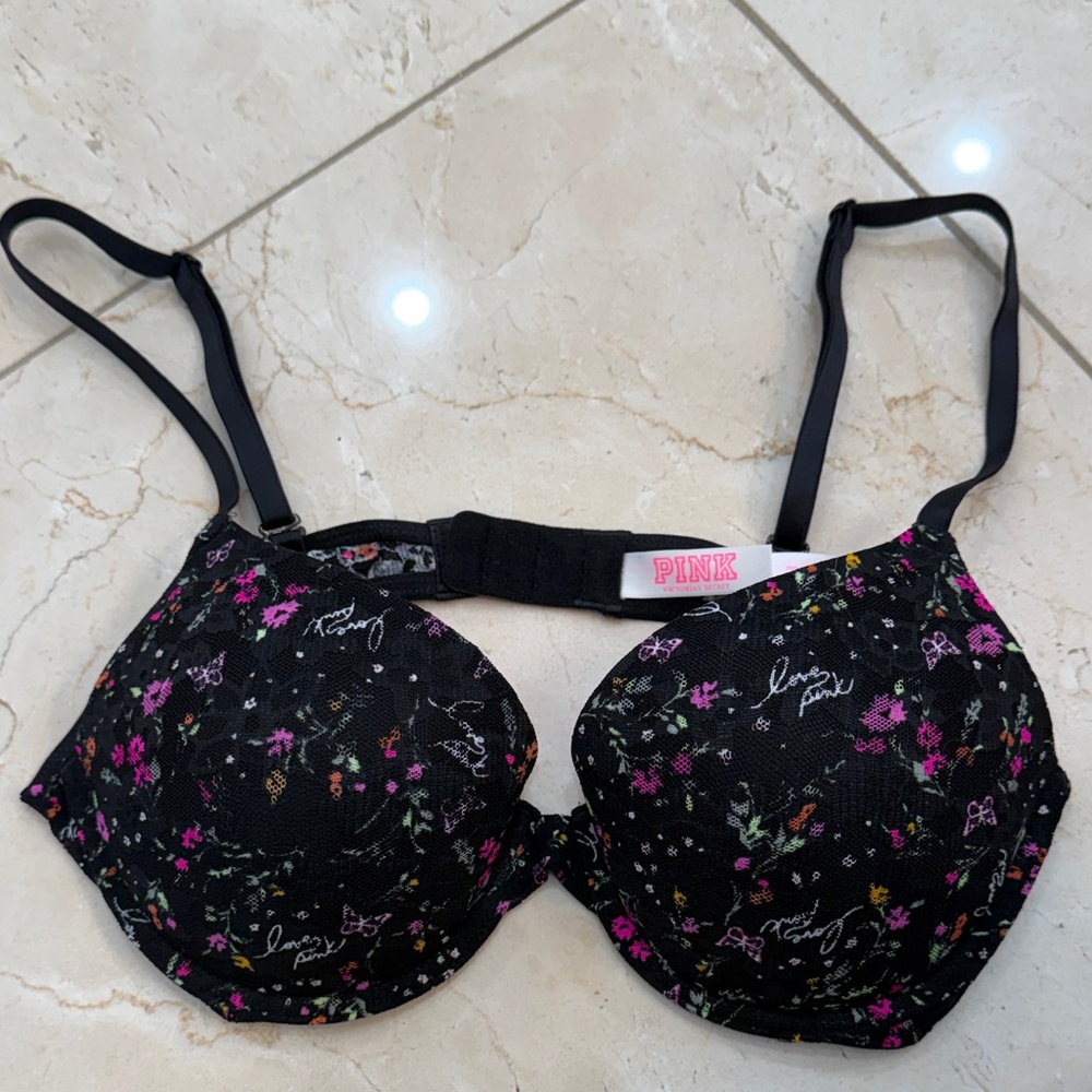 PINK Victoria's Secret Black Floral Bra